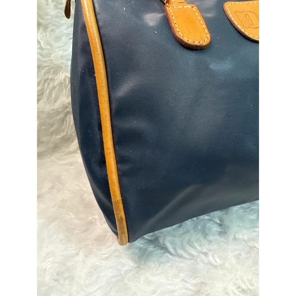 Jon Hart Navy Blue Nylon Barrel Bag Tan Leather Trim‎ Vintage Satchel Handbag